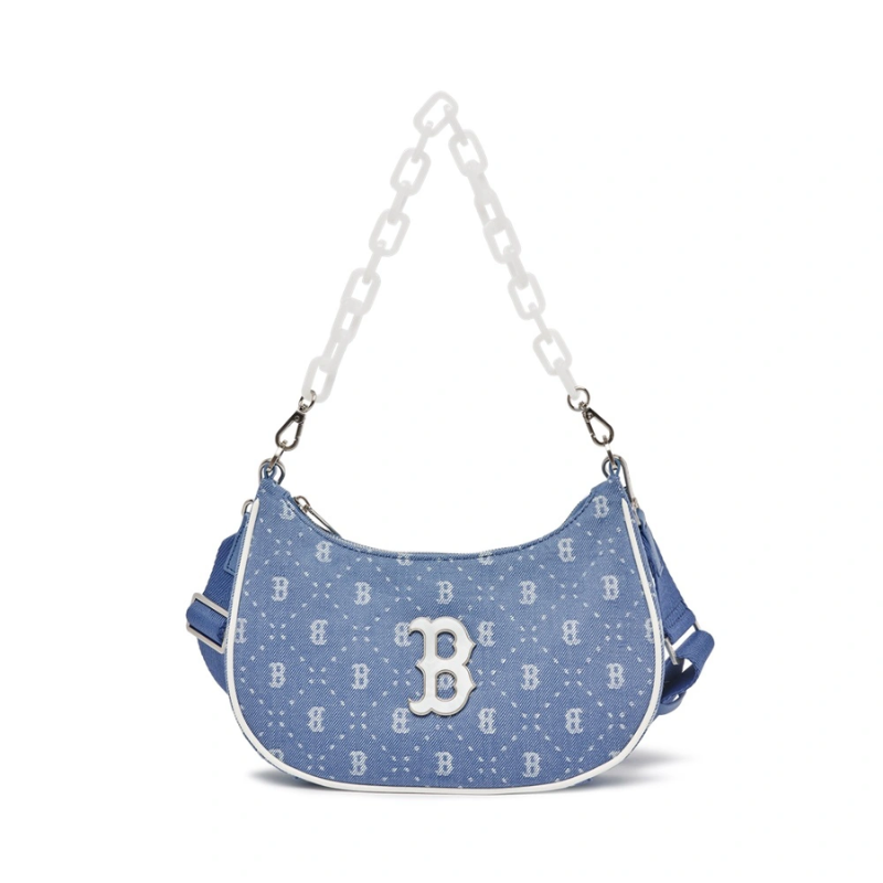 Túi đeo vai MLB Korea Diamond Monogram Denim Jacquard Hobo Bag Boston Red Sox L.Sky Blue